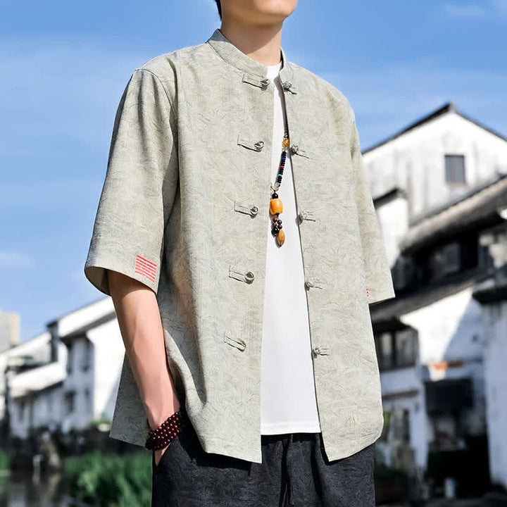 Buddha Stones Summer Tang Style Mandarin Collar Frog Button Solid Men's Short Sleeve Shirts - image 2