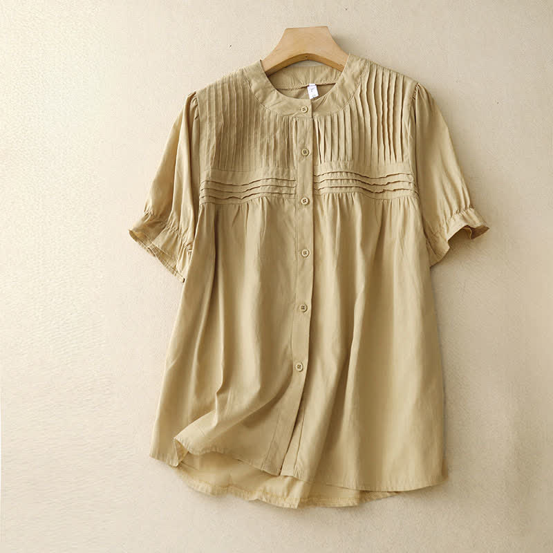 Buddha Stones Summer Casual Vintage Button-up Solid Pintuck Pleats Design Women's Short Sleeve Shirts - Khaki - US8-10, UK/AU12-14, EU40-42 (2XL) - image 0