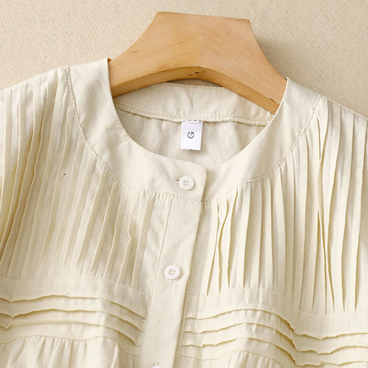 Buddha Stones Summer Casual Vintage Button-up Solid Pintuck Pleats Design Women's Short Sleeve Shirts - image 8