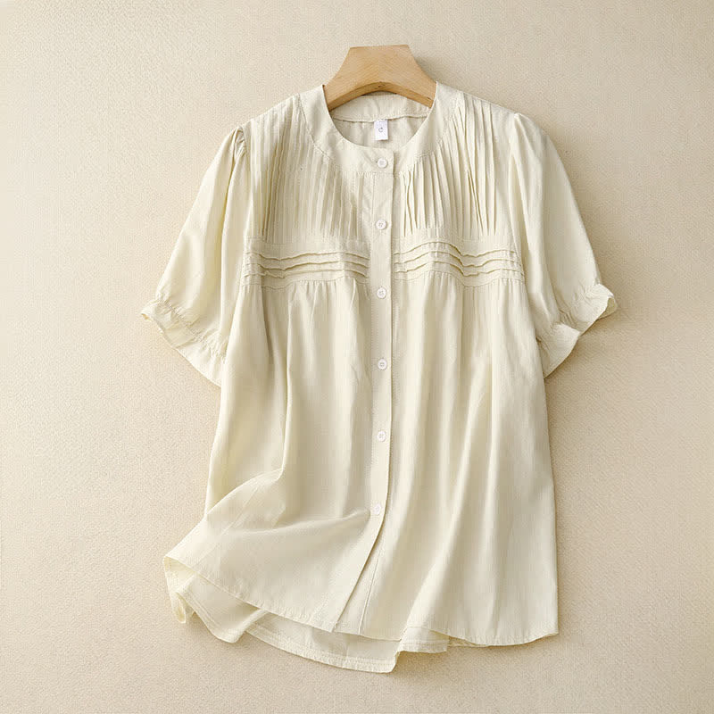 Buddha Stones Summer Casual Vintage Button-up Solid Pintuck Pleats Design Women's Short Sleeve Shirts - Linen - US8-10, UK/AU12-14, EU40-42 (2XL) - image 6