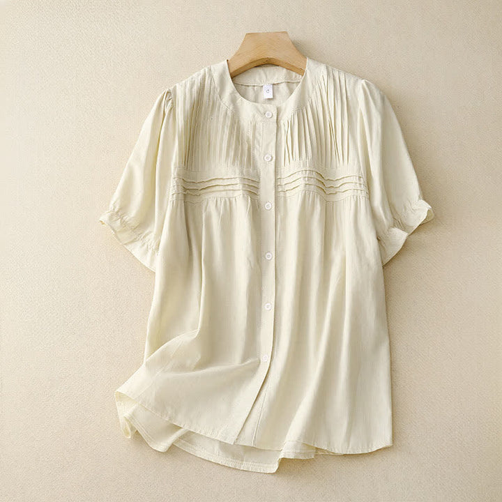Buddha Stones Summer Casual Vintage Button-up Solid Pintuck Pleats Design Women's Short Sleeve Shirts - Linen - US8-10, UK/AU12-14, EU40-42 (2XL) - image 6
