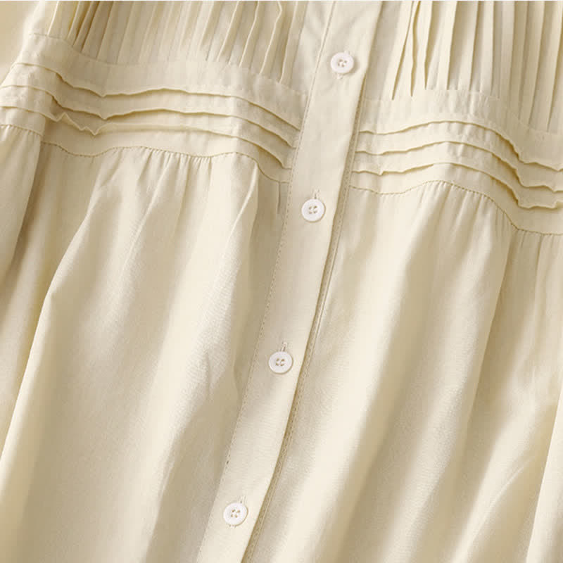 Buddha Stones Summer Casual Vintage Button-up Solid Pintuck Pleats Design Women's Short Sleeve Shirts - image 9