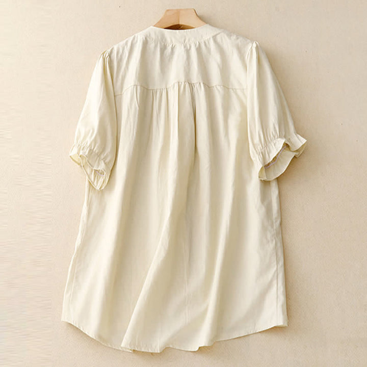 Buddha Stones Summer Casual Vintage Button-up Solid Pintuck Pleats Design Women's Short Sleeve Shirts - image 7