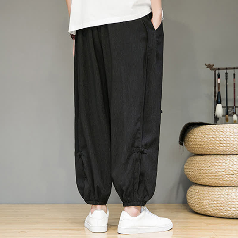 Buddha Stones Summer Casual Minimalist Drawstring Solid Cropped Pants Men's Harem Pants With Pocket - image 4