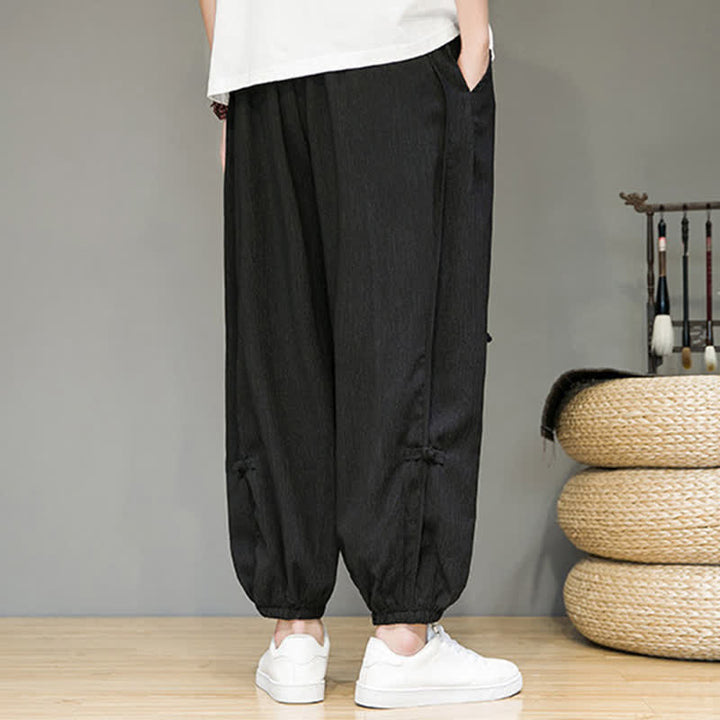 Buddha Stones Summer Casual Minimalist Drawstring Solid Cropped Pants Men's Harem Pants With Pocket - image 4