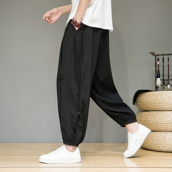 Buddha Stones Summer Casual Minimalist Drawstring Solid Cropped Pants Men's Harem Pants With Pocket - image 7