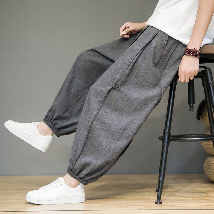 Buddha Stones Summer Casual Minimalist Drawstring Solid Cropped Pants Men's Harem Pants With Pocket - image 16