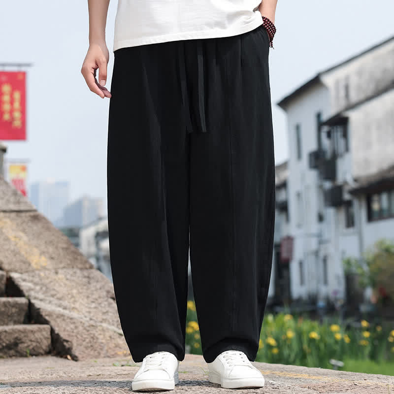 Buddha Stones Summer Casual Minimalist Drawstring Solid Cotton Long Pants Men's Harem Pants With Pocket - Black - US/UK/AU46, EU56 (5XL) - image 9