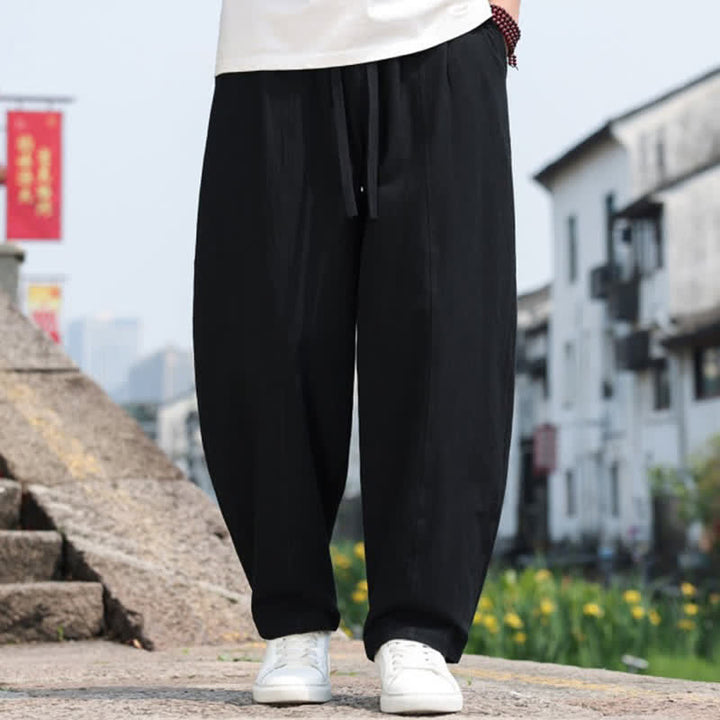 Buddha Stones Summer Casual Minimalist Drawstring Solid Cotton Long Pants Men's Harem Pants With Pocket - image 11