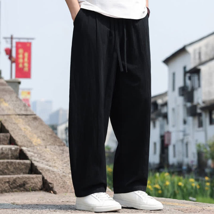 Buddha Stones Summer Casual Minimalist Drawstring Solid Cotton Long Pants Men's Harem Pants With Pocket - image 15