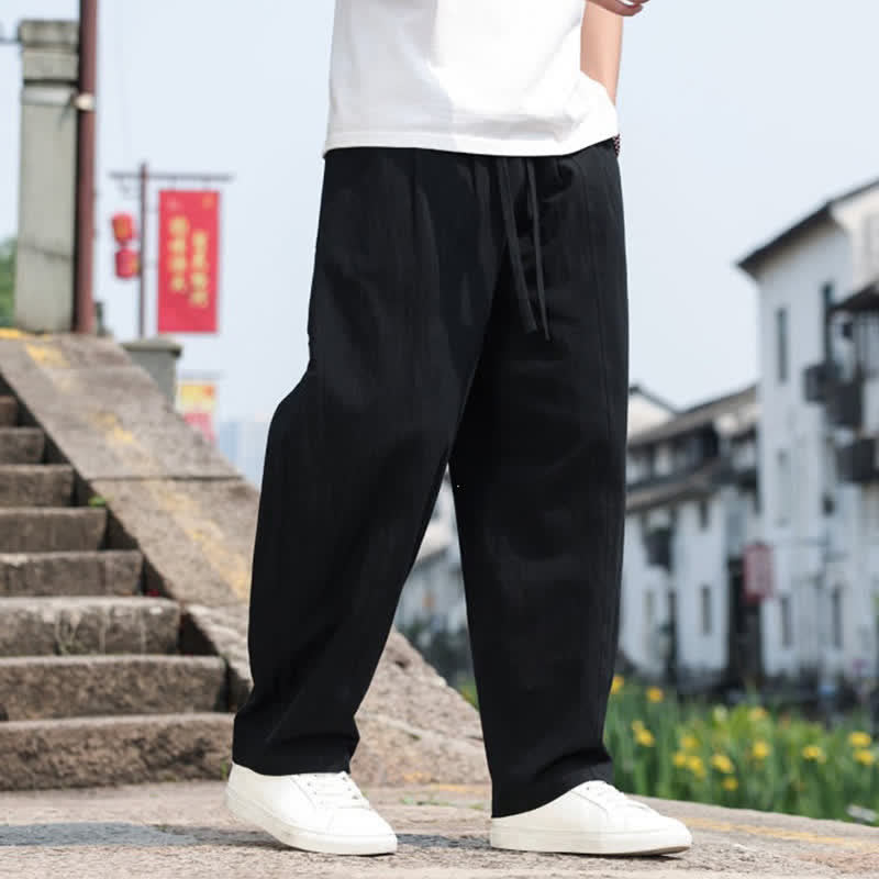 Buddha Stones Summer Casual Minimalist Drawstring Solid Cotton Long Pants Men's Harem Pants With Pocket - image 18