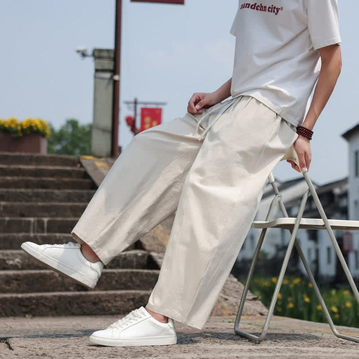 Buddha Stones Summer Casual Minimalist Drawstring Solid Cotton Long Pants Men's Harem Pants With Pocket - image 38