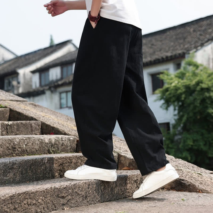 Buddha Stones Summer Casual Minimalist Drawstring Solid Cotton Long Pants Men's Harem Pants With Pocket - image 17