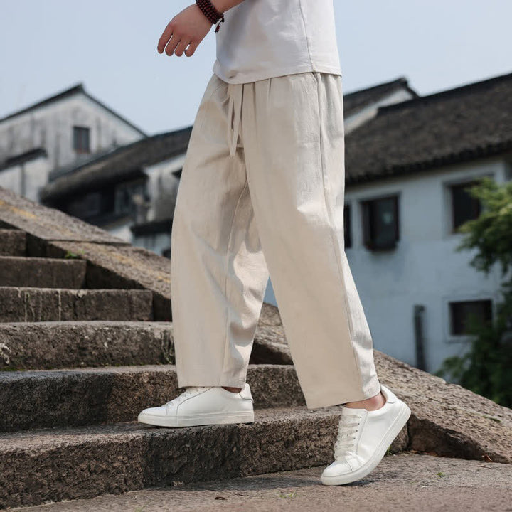 Buddha Stones Summer Casual Minimalist Drawstring Solid Cotton Long Pants Men's Harem Pants With Pocket - image 36