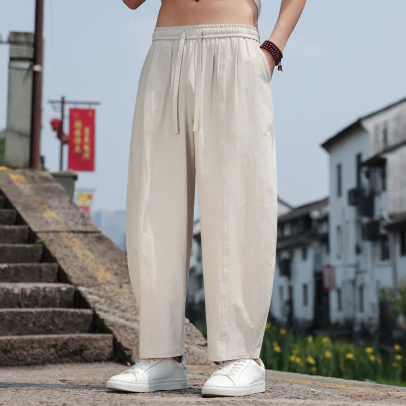 Buddha Stones Summer Casual Minimalist Drawstring Solid Cotton Long Pants Men's Harem Pants With Pocket - image 35