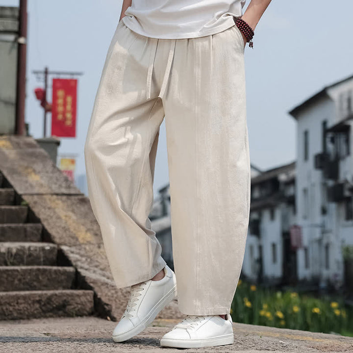 Buddha Stones Summer Casual Minimalist Drawstring Solid Cotton Long Pants Men's Harem Pants With Pocket - image 37
