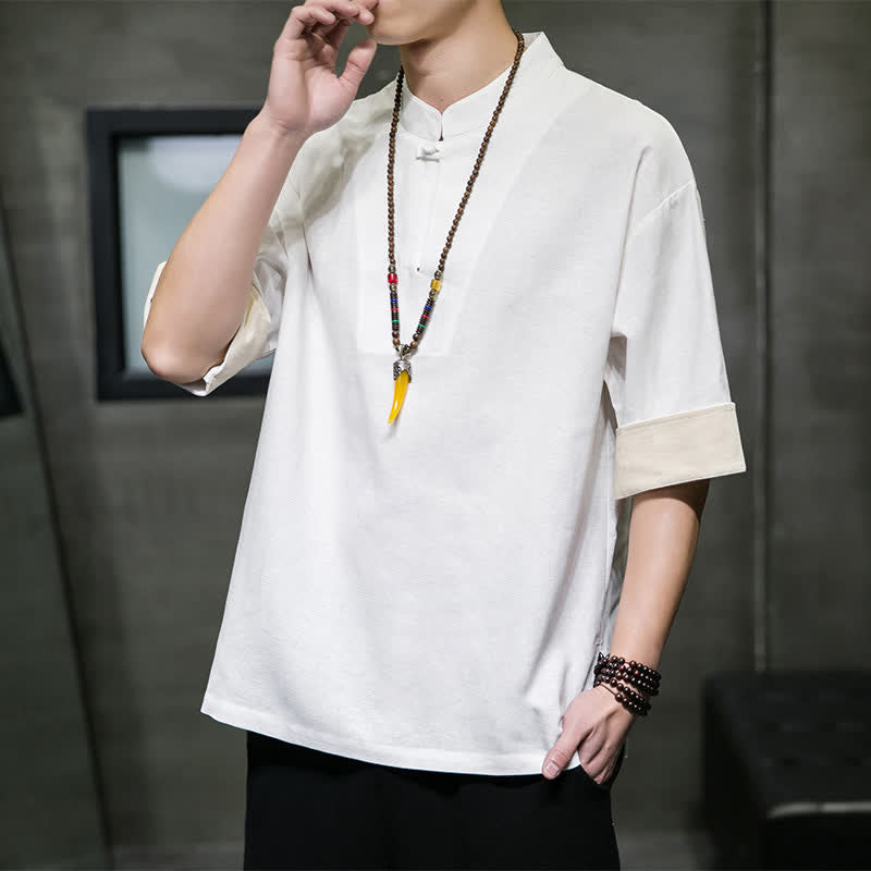 Buddha Stones Summer Tang Style Mandarin Collar Solid Men's Short Sleeve Shirts - image 16