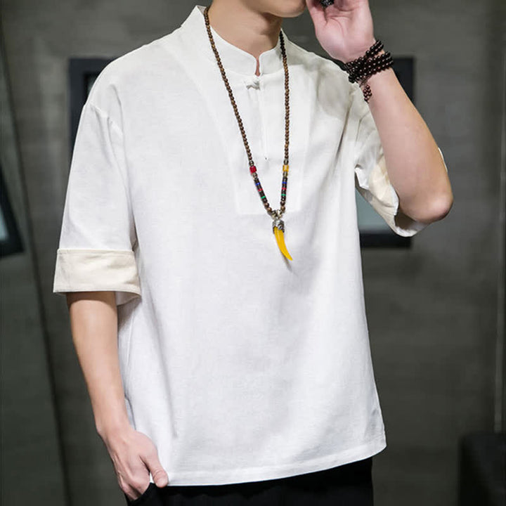 Buddha Stones Summer Tang Style Mandarin Collar Solid Men's Short Sleeve Shirts - image 15