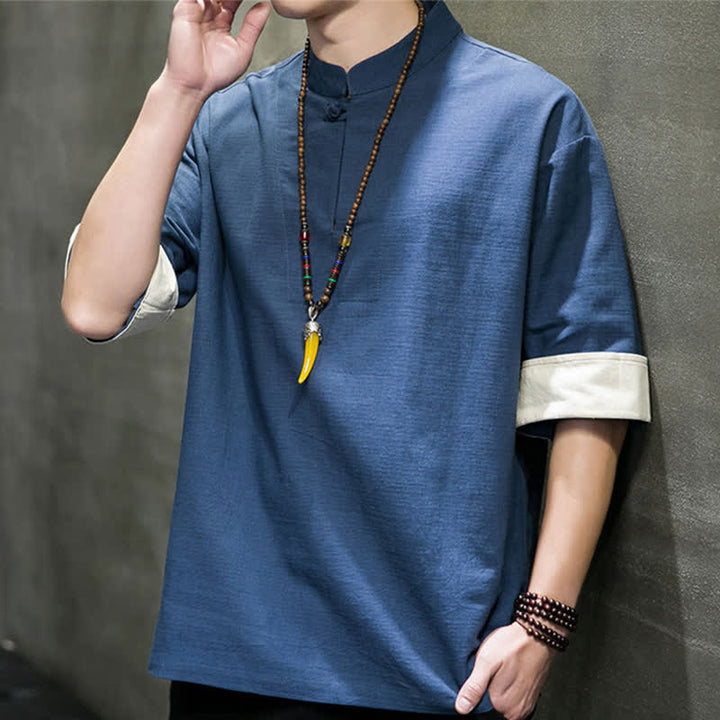 Buddha Stones Summer Tang Style Mandarin Collar Solid Men's Short Sleeve Shirts - image 3