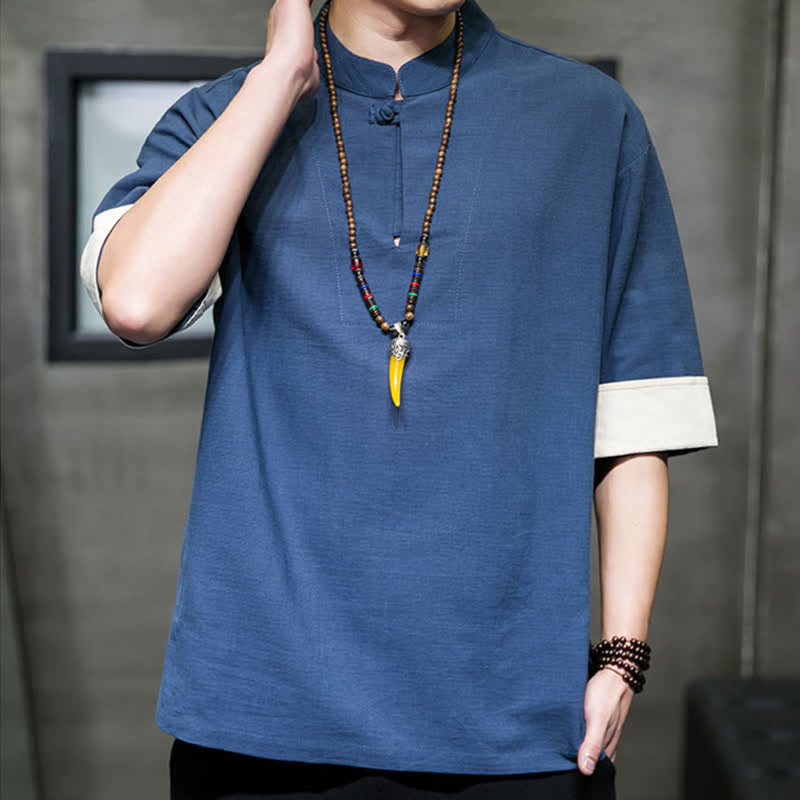 Buddha Stones Summer Tang Style Mandarin Collar Solid Men's Short Sleeve Shirts - image 5