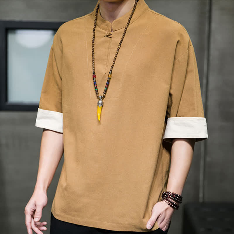 Buddha Stones Summer Tang Style Mandarin Collar Solid Men's Short Sleeve Shirts - image 12