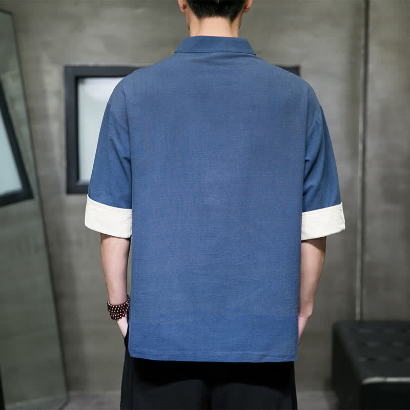 Buddha Stones Summer Tang Style Mandarin Collar Solid Men's Short Sleeve Shirts - image 4