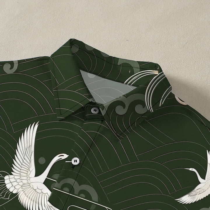 Buddha Stones Crane Cloud Wave Pattern Buttons Breathable Men's Short Sleeve Shirt - image 7