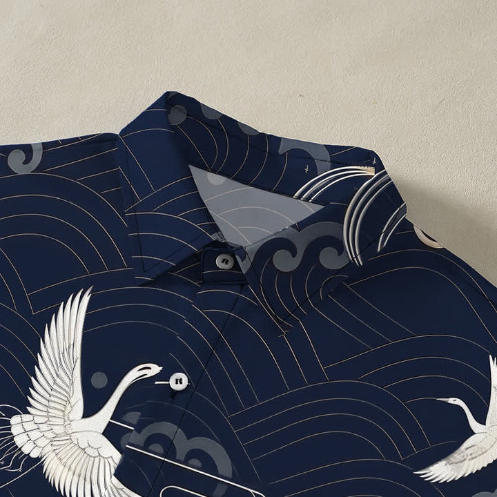 Buddha Stones Crane Cloud Wave Pattern Buttons Breathable Men's Short Sleeve Shirt - image 12
