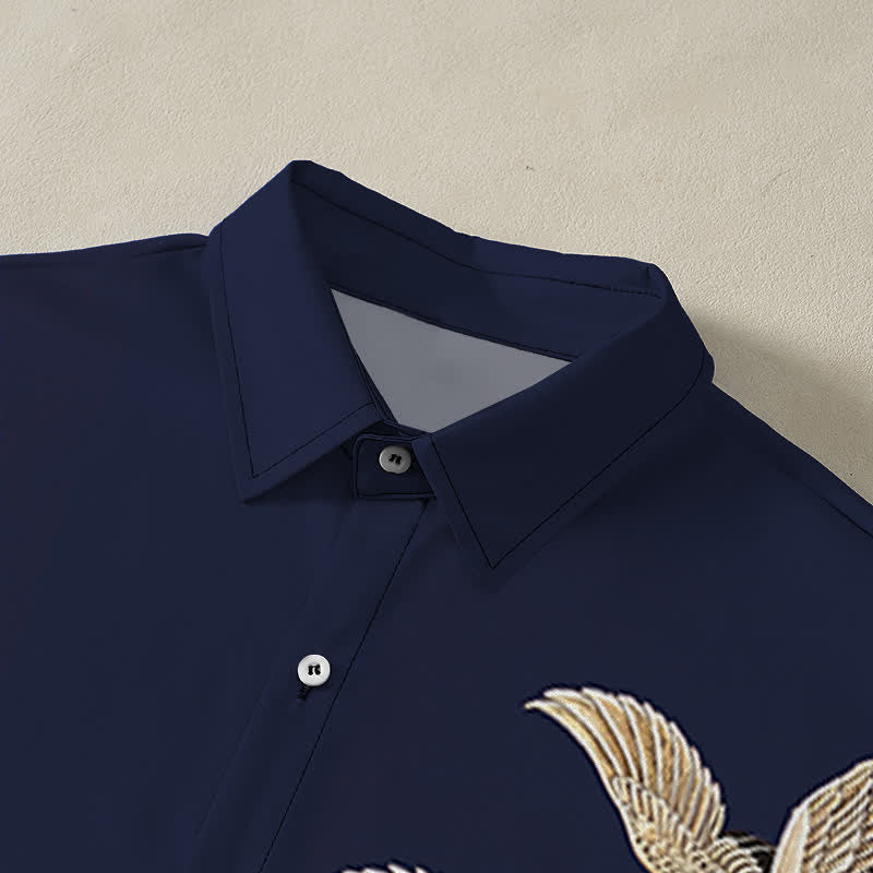 Buddha Stones Crane Lotus Pattern Buttons Breathable Men's Short Sleeve Shirt - image 7