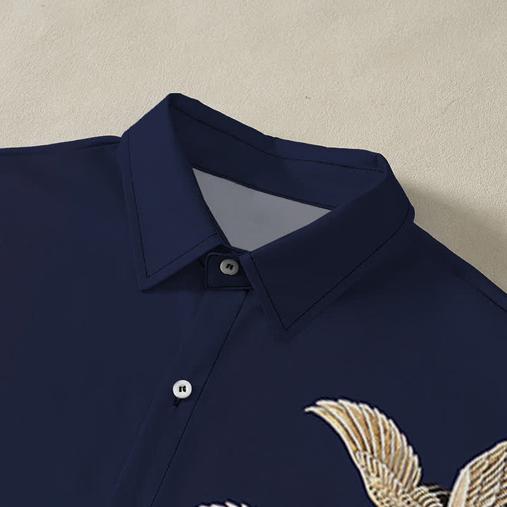 Buddha Stones Crane Lotus Pattern Buttons Breathable Men's Short Sleeve Shirt - image 7