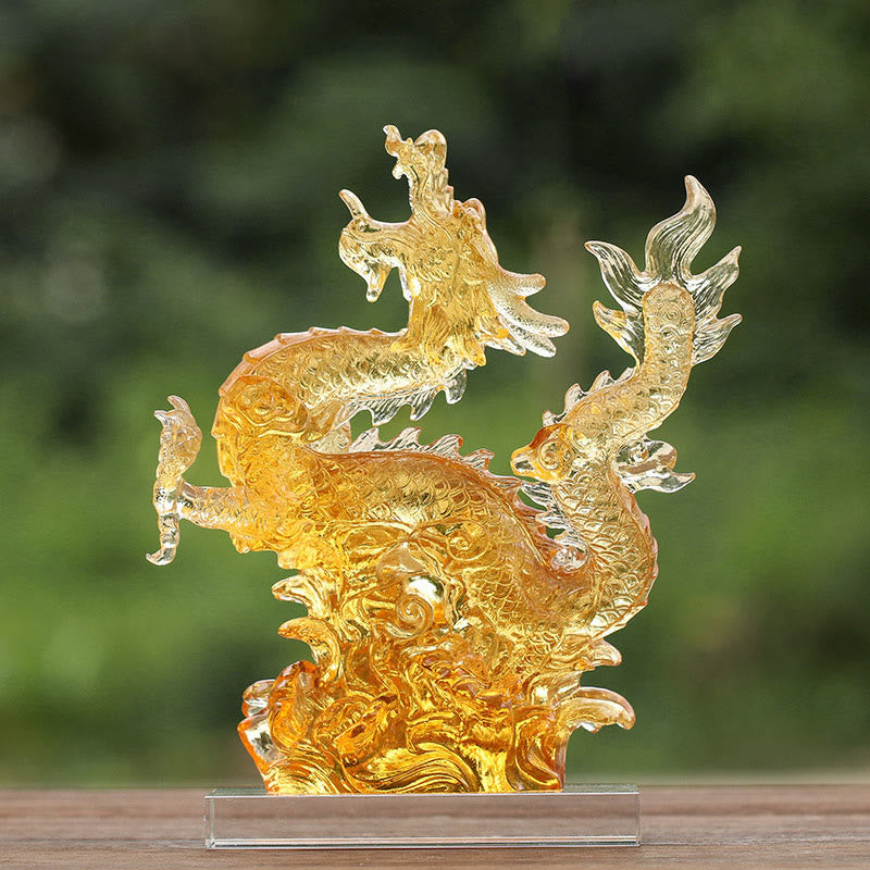 Buddha Stones Handmade Chinese Zodiac Yellow Dragon Liuli Crystal Art Piece Luck Protection Home Office Decoration - 20.5*11.5*23cm/8.07*4.53*9.06Inch - image 0