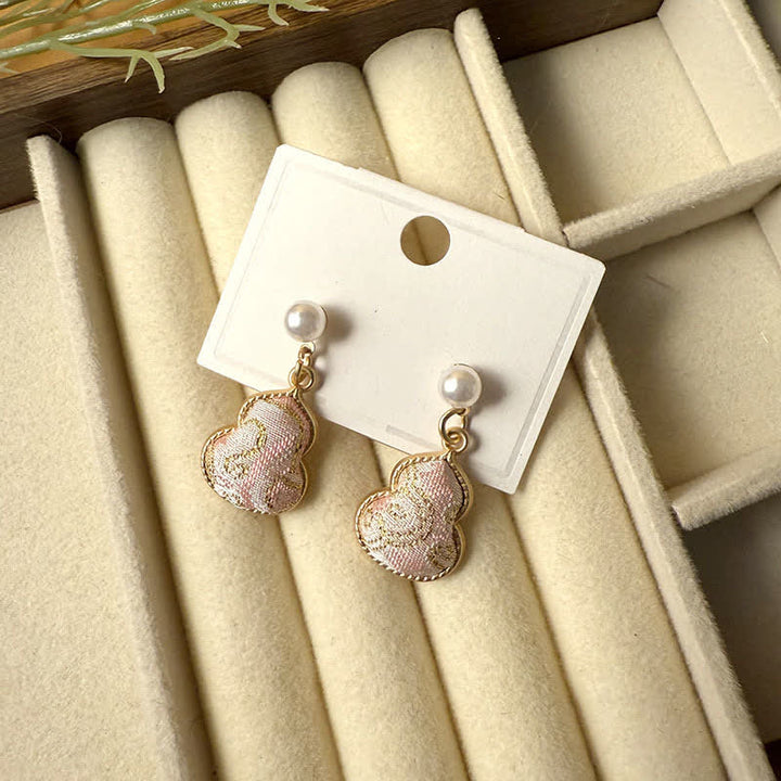 Buddha Stones Song Brocade Pearl Gourd Healing Handmade Stud Dangle Earrings - Pink(Same Color Tone – Pattern Varies) - image 3