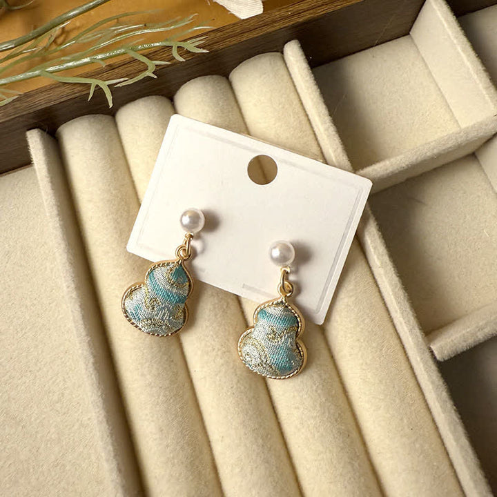 Buddha Stones Song Brocade Pearl Gourd Healing Handmade Stud Dangle Earrings - Blue(Same Color Tone – Pattern Varies) - image 0