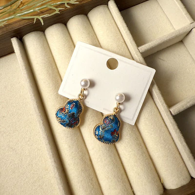 Buddha Stones Song Brocade Pearl Gourd Healing Handmade Stud Dangle Earrings - Lake Blue(Same Color Tone – Pattern Varies) - image 8