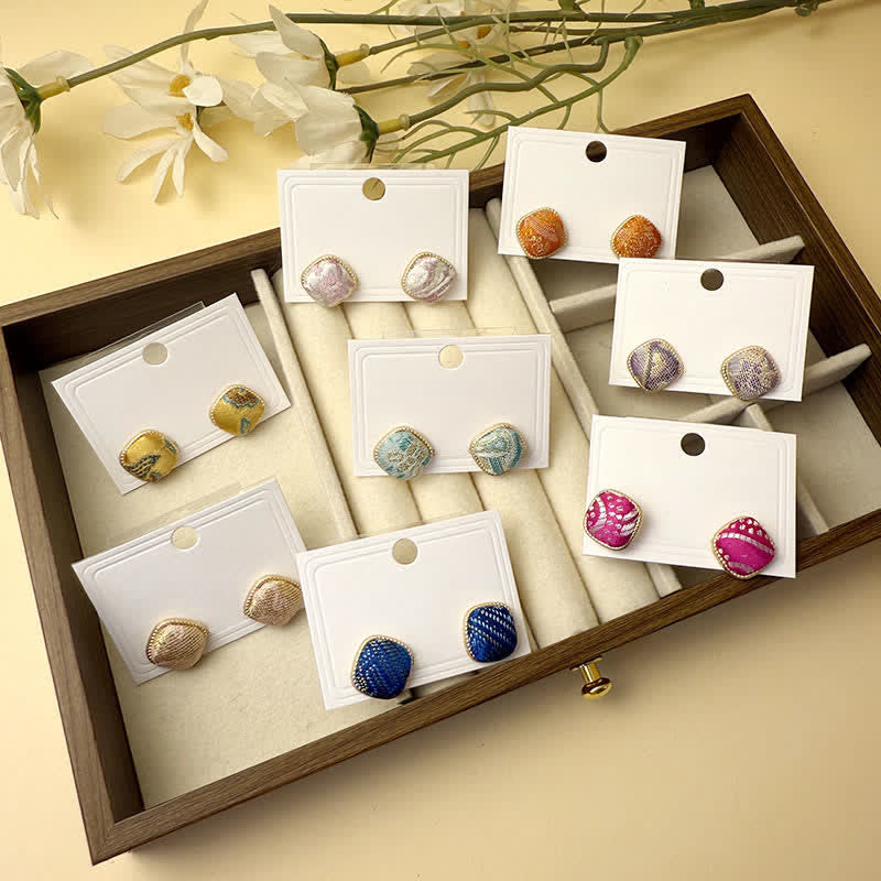 Buddha Stones Handmade Song Brocade Protection Geometric Square Stud Earrings - image 11