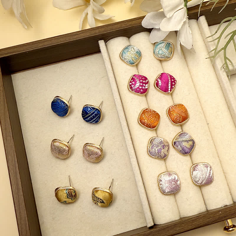 Buddha Stones Handmade Song Brocade Protection Geometric Square Stud Earrings - image 0