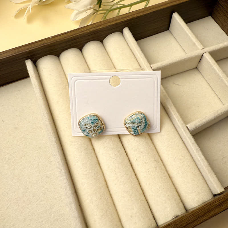 Buddha Stones Handmade Song Brocade Protection Geometric Square Stud Earrings - Blue(Same Color Tone – Pattern Varies) - image 3