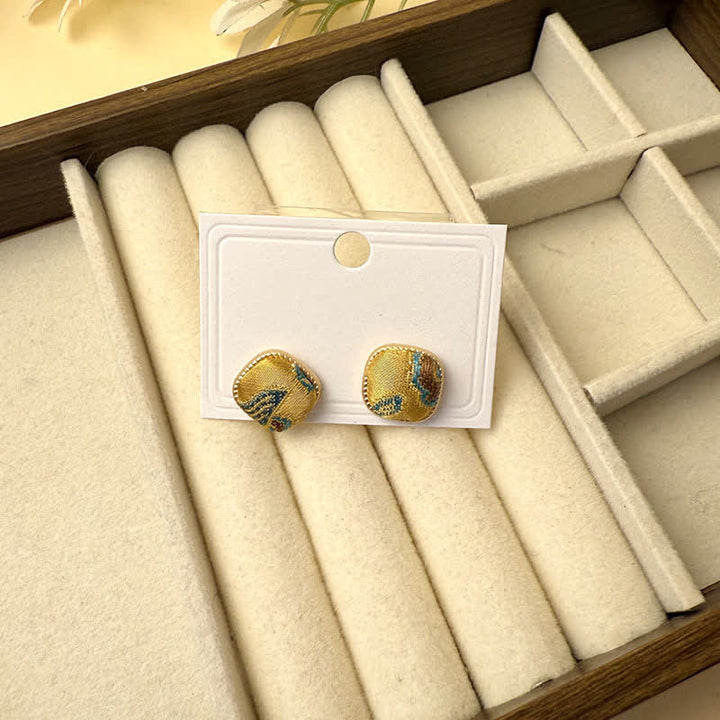 Buddha Stones Handmade Song Brocade Protection Geometric Square Stud Earrings - Golden Green(Same Color Tone – Pattern Varies) - image 1
