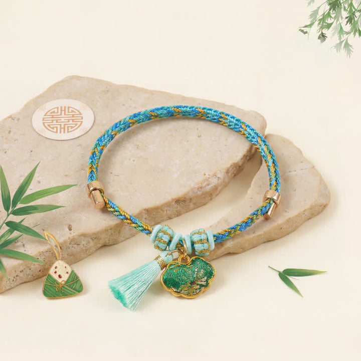 Buddha Stones Hand-Woven Five-Color Cord Luck Green Song Brocade Zongzi Apple Money Bag Chinese Lock Charm Gourd Bracelet - Chinese Lock Charm(Same Color Tone – Pattern Varies) - image 7