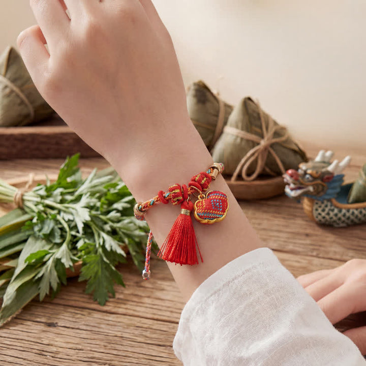 Buddha Stones Handmade Five-Color Cord Luck Red Song Brocade Chinese Lock Charm Apple Money Bag Gourd Zongzi Braided Bracelet - image 4