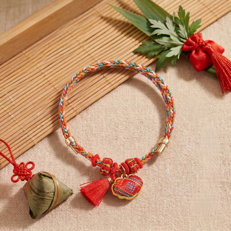 Buddha Stones Handmade Five-Color Cord Luck Red Song Brocade Chinese Lock Charm Apple Money Bag Gourd Zongzi Braided Bracelet - Chinese Lock Charm(Same Color Tone – Pattern Varies) - image 0