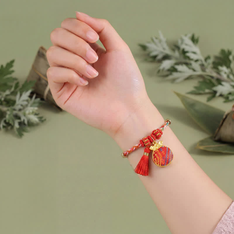 Buddha Stones Handmade Five-Color Cord Luck Red Song Brocade Chinese Lock Charm Apple Money Bag Gourd Zongzi Braided Bracelet - image 8