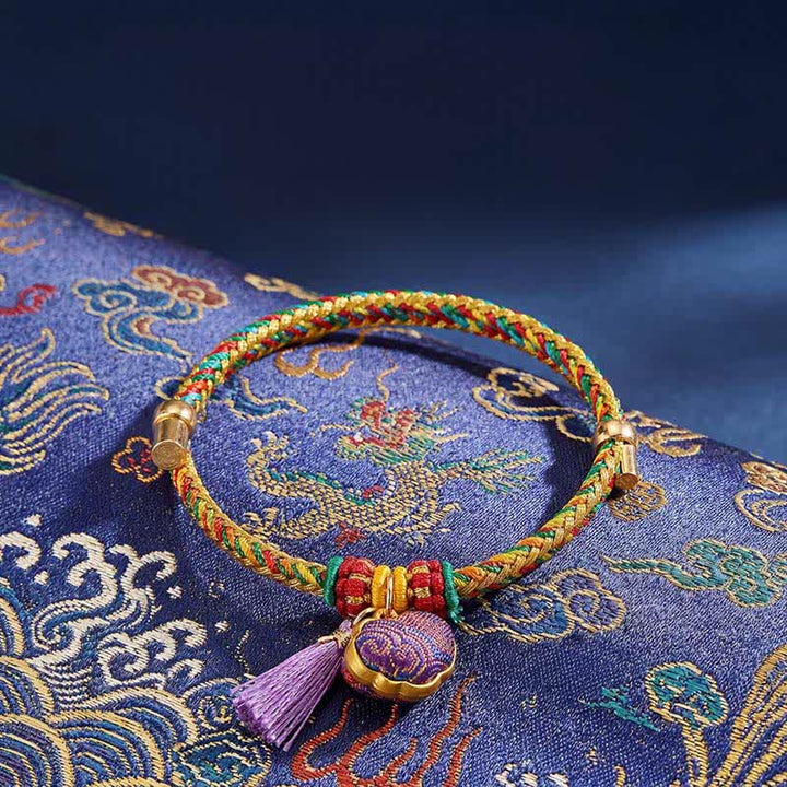 Buddha Stones Handwoven Five Color Cord Luck Purple Song Brocade Chinese Lock Charm Apple Money Bag Gourd Zongzi Adjustable Bracelet - Chinese Lock Charm(Same Color Tone – Pattern Varies) - image 0