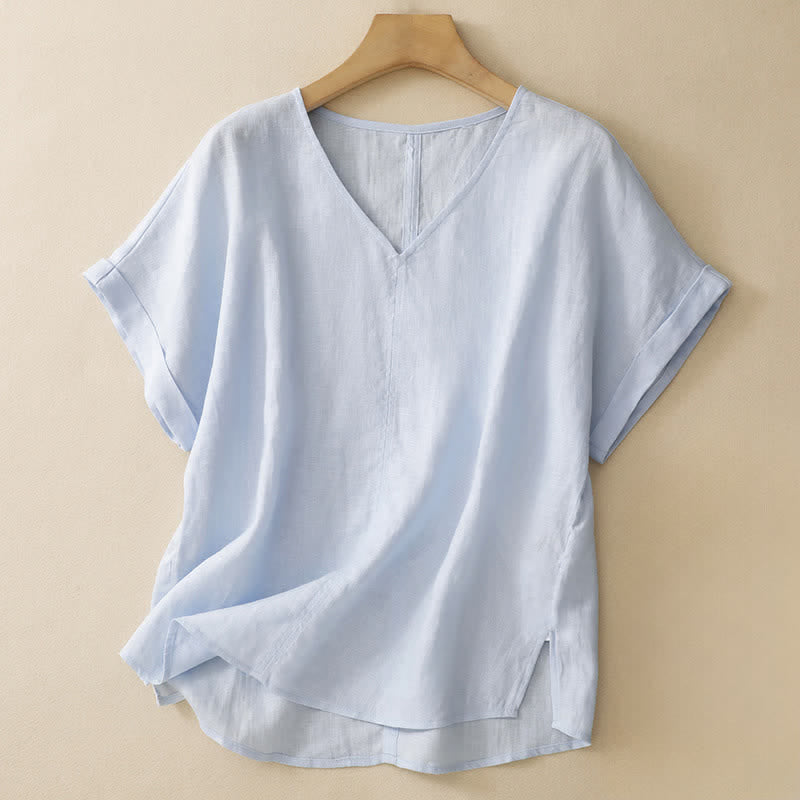 Buddha Stones Summer Casual Minimalist Side Slit Solid V-Neck Women's Short Sleeve T-Shirts - PowderBlue - US8-10, UK/AU12-14, EU40-42 (2XL) - image 0