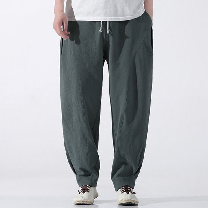 Buddha Stones Summer Casual Minimalist Drawstring Solid Cotton Cropped Pants Men's Harem Pants With Pocket - image 2