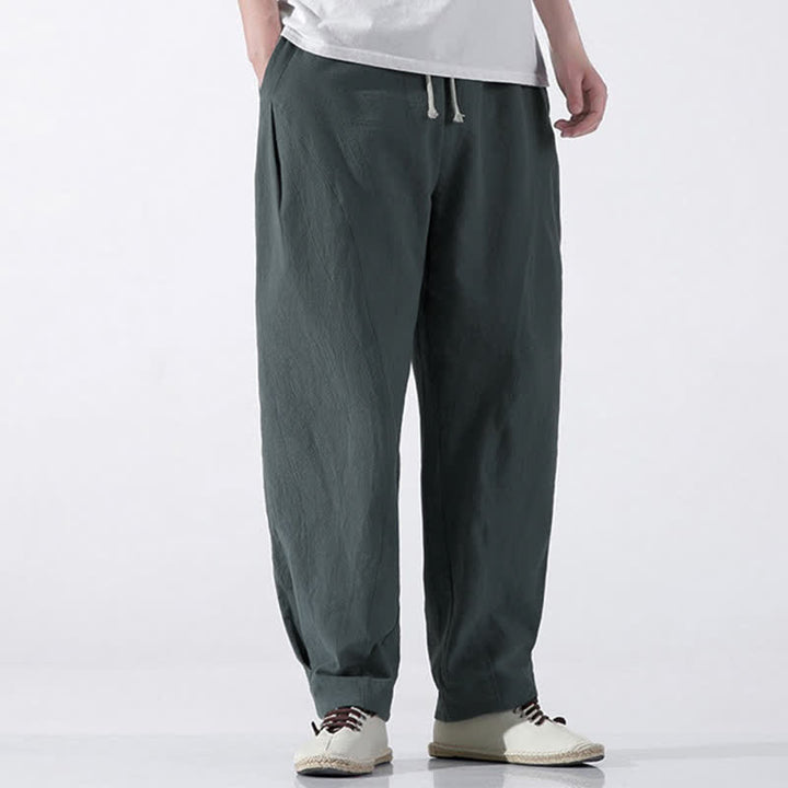 Buddha Stones Summer Casual Minimalist Drawstring Solid Cotton Cropped Pants Men's Harem Pants With Pocket - image 5