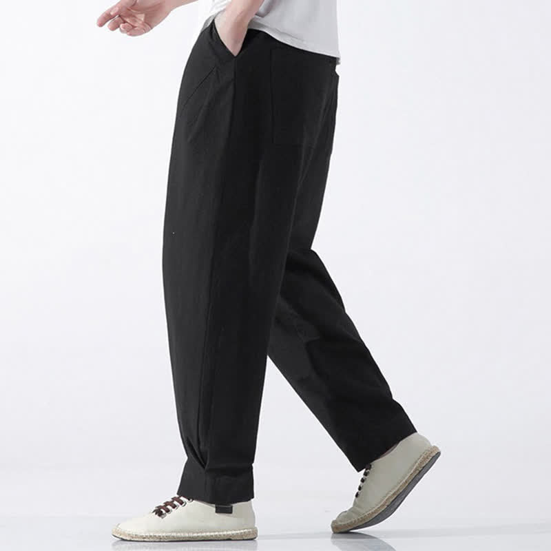 Buddha Stones Summer Casual Minimalist Drawstring Solid Cotton Cropped Pants Men's Harem Pants With Pocket - image 9