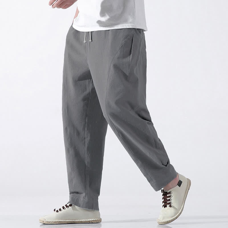 Buddha Stones Summer Casual Minimalist Drawstring Solid Cotton Cropped Pants Men's Harem Pants With Pocket - image 24