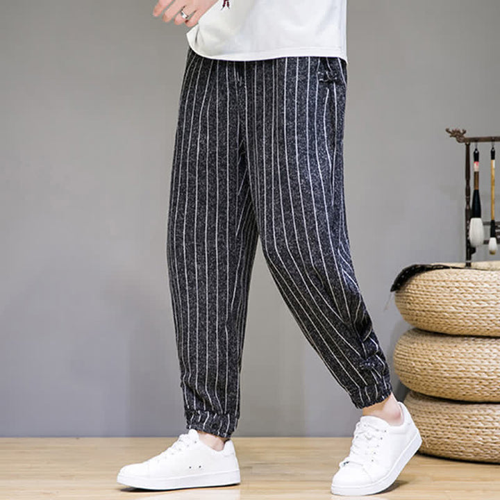 Buddha Stones Summer Casual Drawstring Striped Cropped Pants Men's Harem Pants With Pockets - image 1