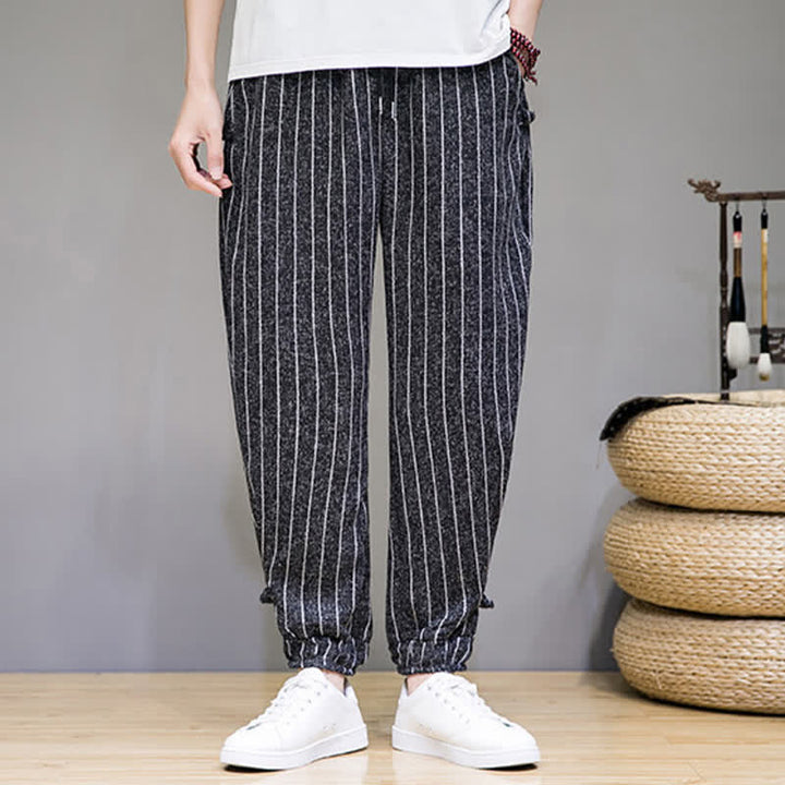 Buddha Stones Summer Casual Drawstring Striped Cropped Pants Men's Harem Pants With Pockets - image 5